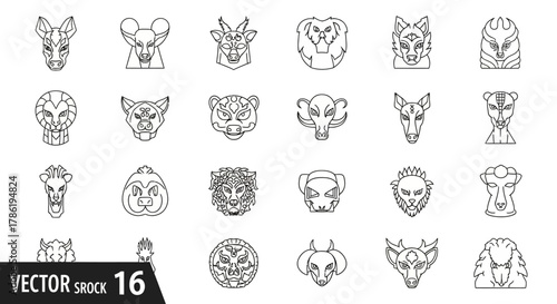 Collection of animal head outline illustrations resembling tribal mask designs and zodiac symbols