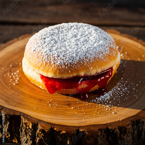 Powdered Sugar Jelly Donut Cut Open on Rustic Wooden Board © image@9