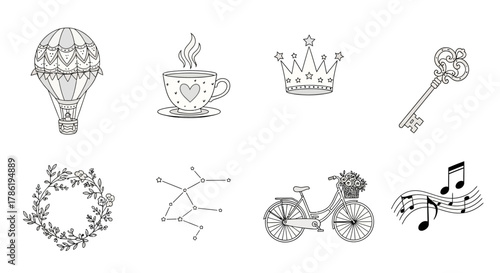 Collection of whimsical monochrome illustrations: hot air balloon, coffee cup, crown and more