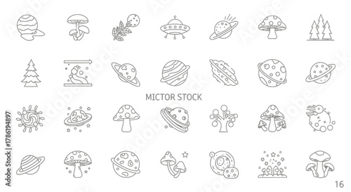 Collection of imaginative vector icons featuring space exploration and whimsical natural elements