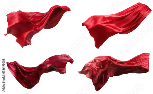Flowing red silk superhero cape waving in the wind, shiny fabric texture. Isolated on transparent background, png
