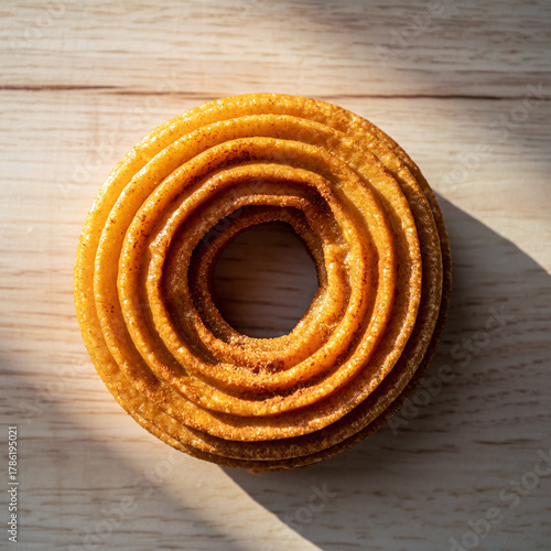 Top View of Sugared Cruller Donut Ring on Light Wooden Surface © image@9