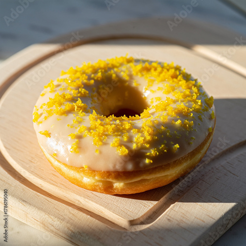 Lemon Zest Glazed Donut on Round Light Wooden Board © image@9