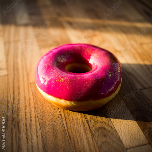 Vibrant Pink Glazed Donut on Warm Wooden Table with Sunlight © image@9