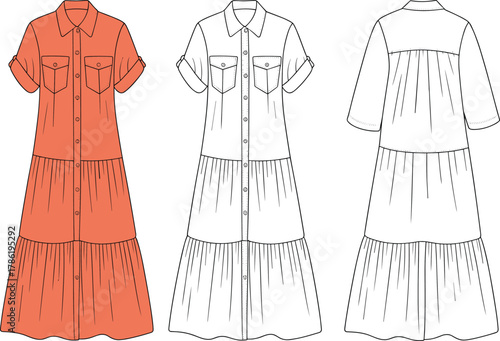 Tiered shirt dress flat sketch, cad drawing, vector illustration, collared short sleeve garment design, fashion template, front and back view