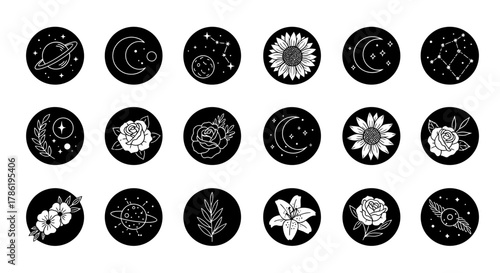 A Collection of Mystical and Botanical Round Icons for Social Media Highlights
