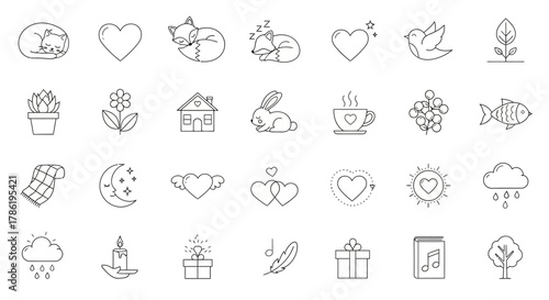 Collection of minimal line art icons representing nature, love, and cozy elements meticulously
