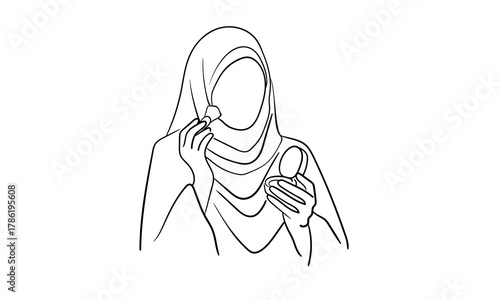 Woman in hijab does makeup, continious line drawing. Pakistan girl outline. Vector illustration