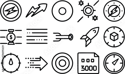 Speed and Performance Line Icons Set – Automotive Dashboard, Data Analytics, Velocity Symbols Vector