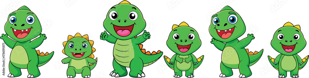 Fototapeta premium dinosaur cartoon illustration, green dinosaur artwork, cute prehistoric animal, adorable dinosaur vector, childish dino cartoon, jurassic creature artwork, funny dinosaur design, friendly dino drawing