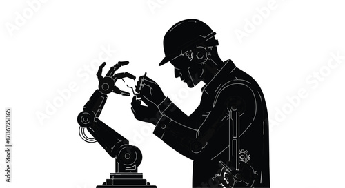 Engineer meticulously assembling a robotic arm in a modern workshop, symbolizing innovation and precision.
