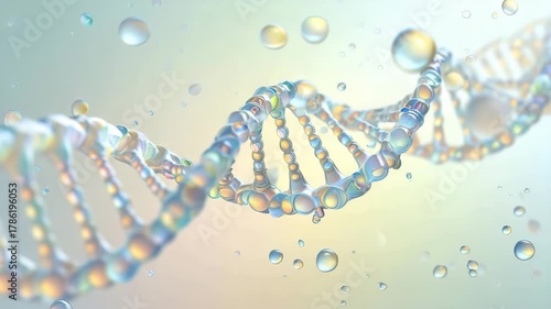 Iridescent dna helix with droplets on pastel background, molecular research, dermatology, collagen synthesis, bioengineering innovation, hydration serum diffusion, cellular repair, genome
