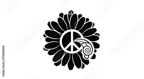 Peace symbol integrated into a stylized black flower with swirling organic elements