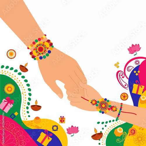 Brother and Sister Holding Hands Wearing Rakhi Bracelets Celebrating Indian Festival of Raksha Bandhan with Gifts and Diyas