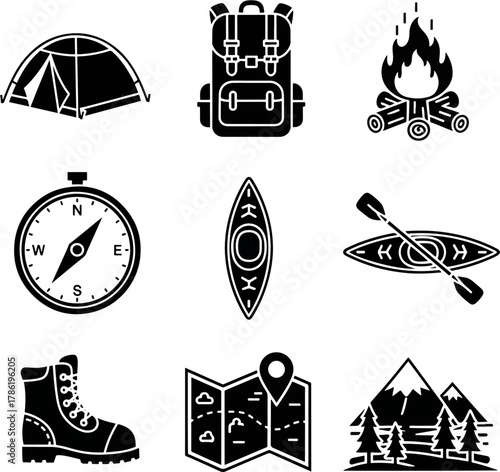 Camping and Outdoor Adventure Icons Set A Tent Backpack Campfire Compass Kayak Boot Map Mountains Trees