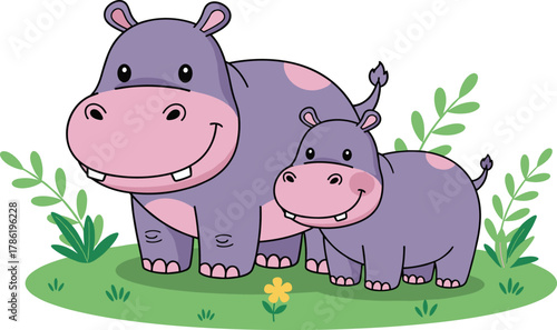 Cartoon hippopotamus family, parent and baby hippo, cute animal vector, children’s illustration, jungle theme, black and white sketch, line art