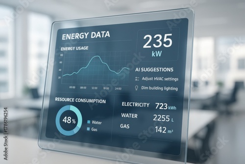 Interactive energy dashboard displaying real-time data on electricity and resource consumption. Concept of smart buildings, energy efficiency, and sustainability in modern technology.