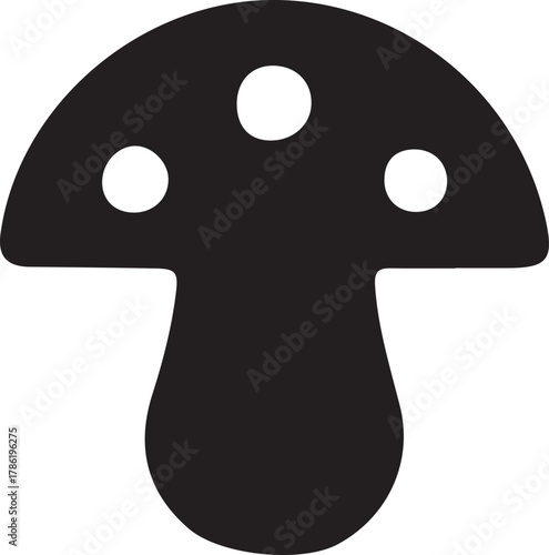 Stylized black silhouette of a mushroom with three white circular spots on its cap, isolated on a clean white background, representing nature and fungi