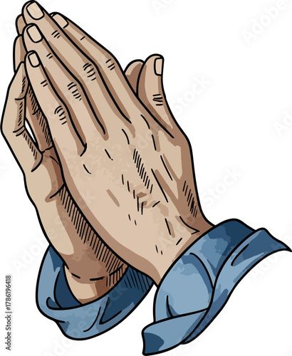 Close-up of Praying Hands Clasped Together in Supplication, Peaceful Spiritual Gesture, Religious Devotion, Detailed Illustration