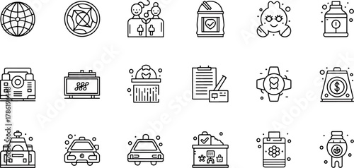 Collection of 15 diverse line art icons representing technology, business, and abstract concepts for graphic design