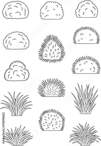 Collection of Black and White Line Art Illustrations of Various Bush and Grass Types for Garden and Nature Designs