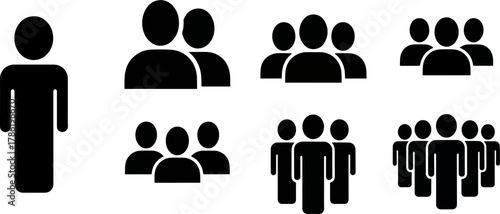 Collection of Black Human Icons Representing Different Group Sizes From One Person to Multiple People Groups