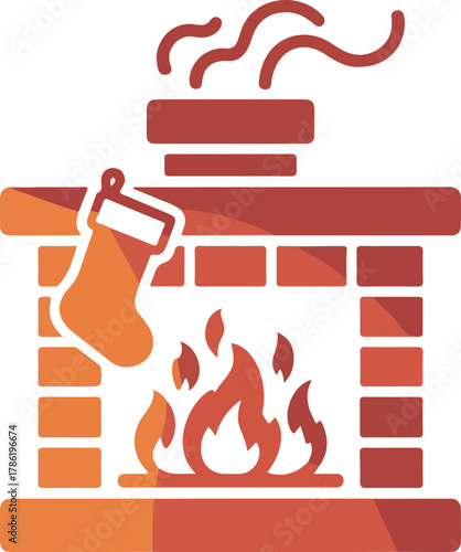 Cozy fireplace vector illustration with a burning fire and a festive Christmas stocking hanging from the mantelpiece