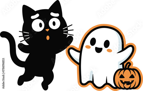 Cute Cartoon Ghost and Black Cat with Surprised Expression and Halloween PumpkinCute Cartoon Ghost and Black Cat with Surprised Expression and Halloween Pumpkin