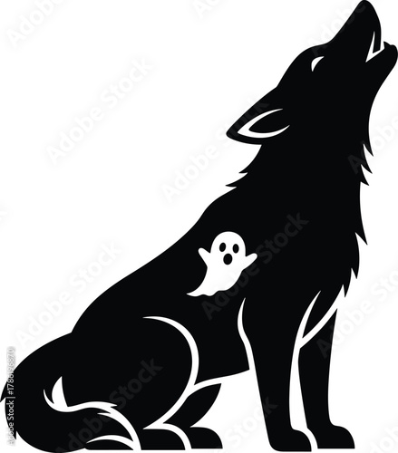 Howling Wolf Silhouette with Ghost Symbol Inside for Halloween and Wilderness DesignHowling Wolf Silhouette with Ghost Symbol Inside for Halloween and Wilderness Design