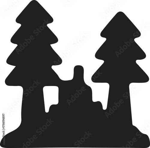 Silhouette of two stylized pine trees with a mountainous landscape in between, evoking a sense of nature, wilderness, and outdoor adventure, perfect for travel and exploration themes.