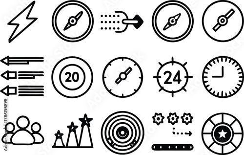 Speed and Performance Line Icons Set – Automotive Dashboard, Data Analytics, Velocity Symbols Vector