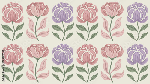 Charming floral pattern featuring pastel pink and lavender blooms with green leaves on a soft cream background, perfect for elegant decor.