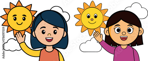 sun illustration vector, bright sunny artwork, summer day design, happy sunshine cartoon, weather concept illustration, morning sunlight artwork, cute smiling sun, climate symbol design, warm season v