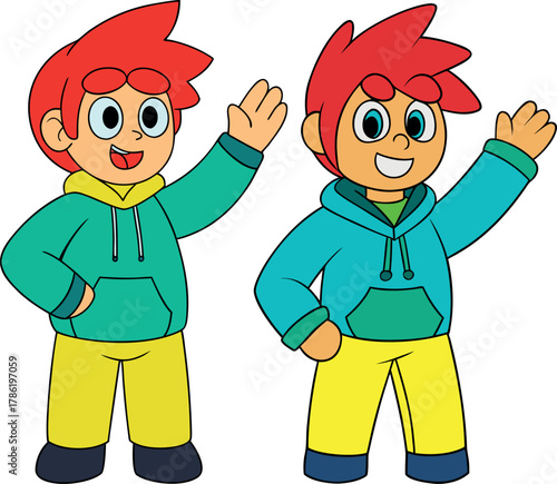 twin boys illustration, kid brothers drawing, cartoon children artwork, identical twins vector, sibling character design, smiling kids cartoon, childhood friendship art, cute boy twins artwork, family