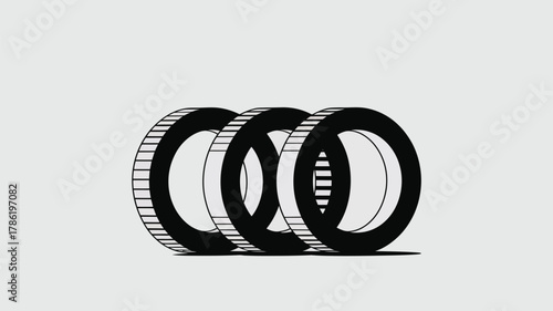 Three sleek black tires arranged in a dynamic row, hinting at automotive performance, transportation, and industry innovation.