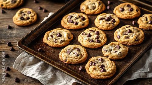 Freshly Baked Chocolate Chip Cookies on a Tray with Wooden Background for National Cookie Day, Chocolate Chip Cookie Week, Cookie Exchange Day, Homemade Cookies Day
