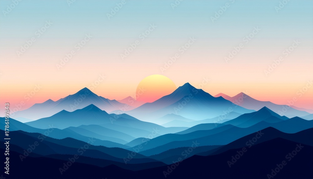 Obraz premium Serene Mountain Sunset A Tranquil Landscape with Layered Blue Hues and a Glowing Horizon