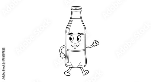 Cartoon beverage bottle character exudes cheerfulness with vibrant gesture and happy expression