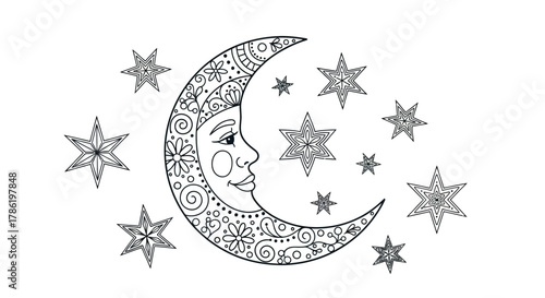 Whimsical celestial drawing featuring a crescent moon with floral and spiral elements surrounded