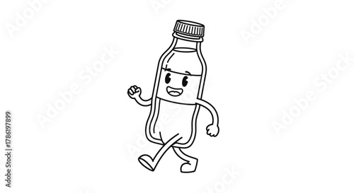 Animated bottle character playfully strolling on a white backdrop, minimalist design element