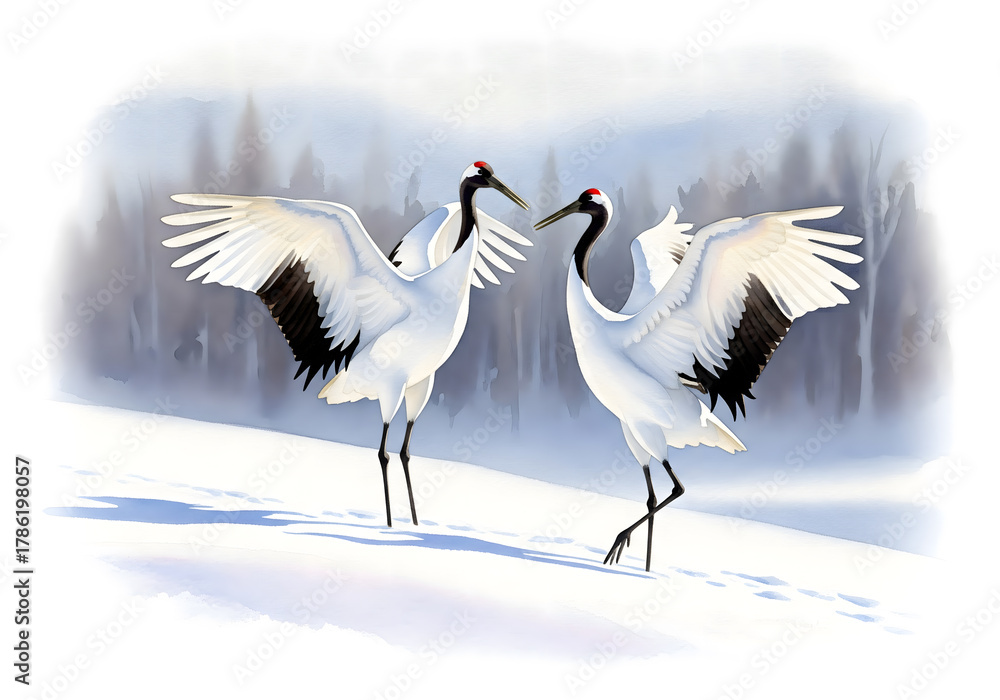 Naklejka premium Watercolor painting of two red crowned cranes displaying in a snowy landscape