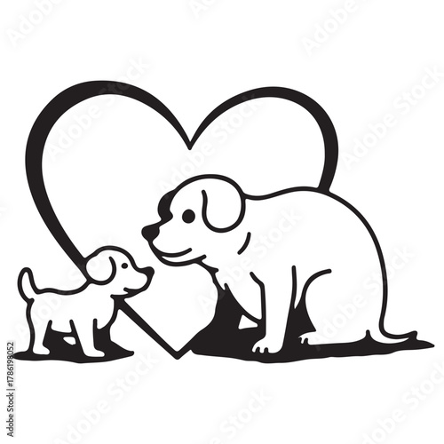 Two dogs one adult one puppy looking at each other with a large heart shape behind them