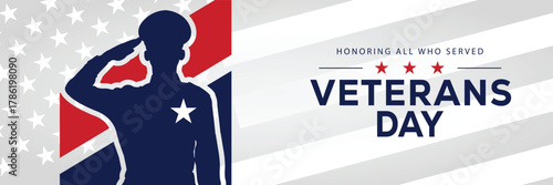 Veterans Day banner with a soldier silhouette saluting, flanked by American flags, set against a background of stars and stripes. Honors veterans and service members who served the USA.