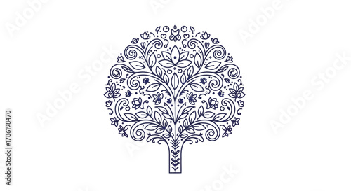 Elegant ornamental tree illustration featuring delicate floral and leaf patterns with a serene