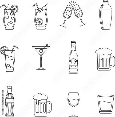 Collection of Diverse Alcoholic and Non-Alcoholic Drinks Icons a Festive Beverage Celebration and Refreshments Vector Set