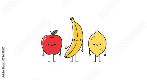 Cartoonish trio: Animated apple, banana, and lemon standing side-by-side with smiley faces