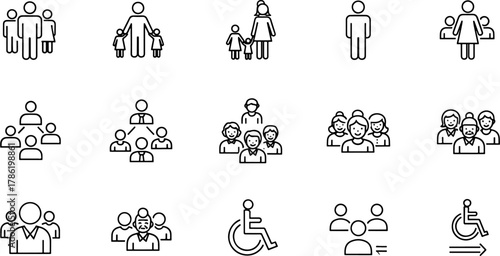 Collection of diverse human figures and group icons representing family relationships, teamwork, and social diversity