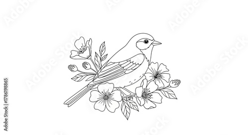 Delicate line drawing of a bird perched among blooming flowers illustration for coloring books and