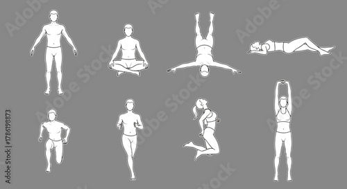 Collection of diverse human figures in various active poses like yoga, running, stretching, and jumping symbolizing health and fitness