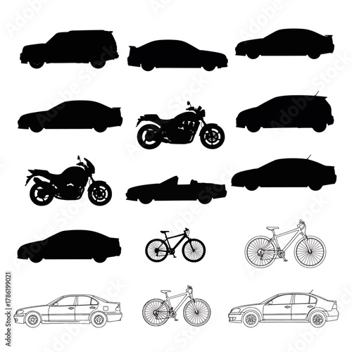 Collection of diverse vehicles and modes of transport including cars, motorcycles, and bicycles as black silhouettes and line art